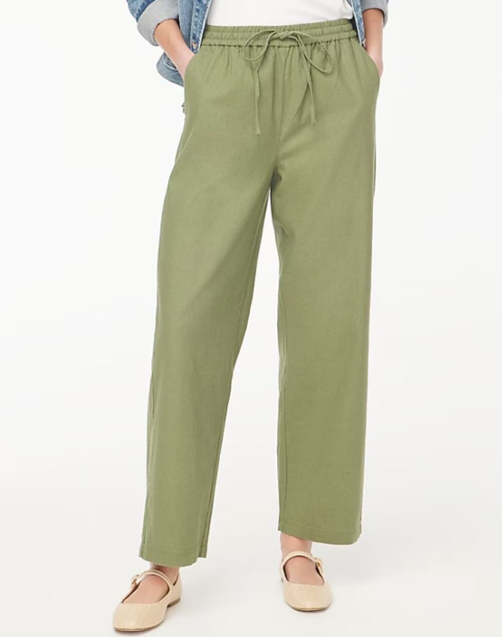 J.Crew Linen-Blend Slim Wide-Leg Drawstring Pants Womens Size 00 Green Mid Rise